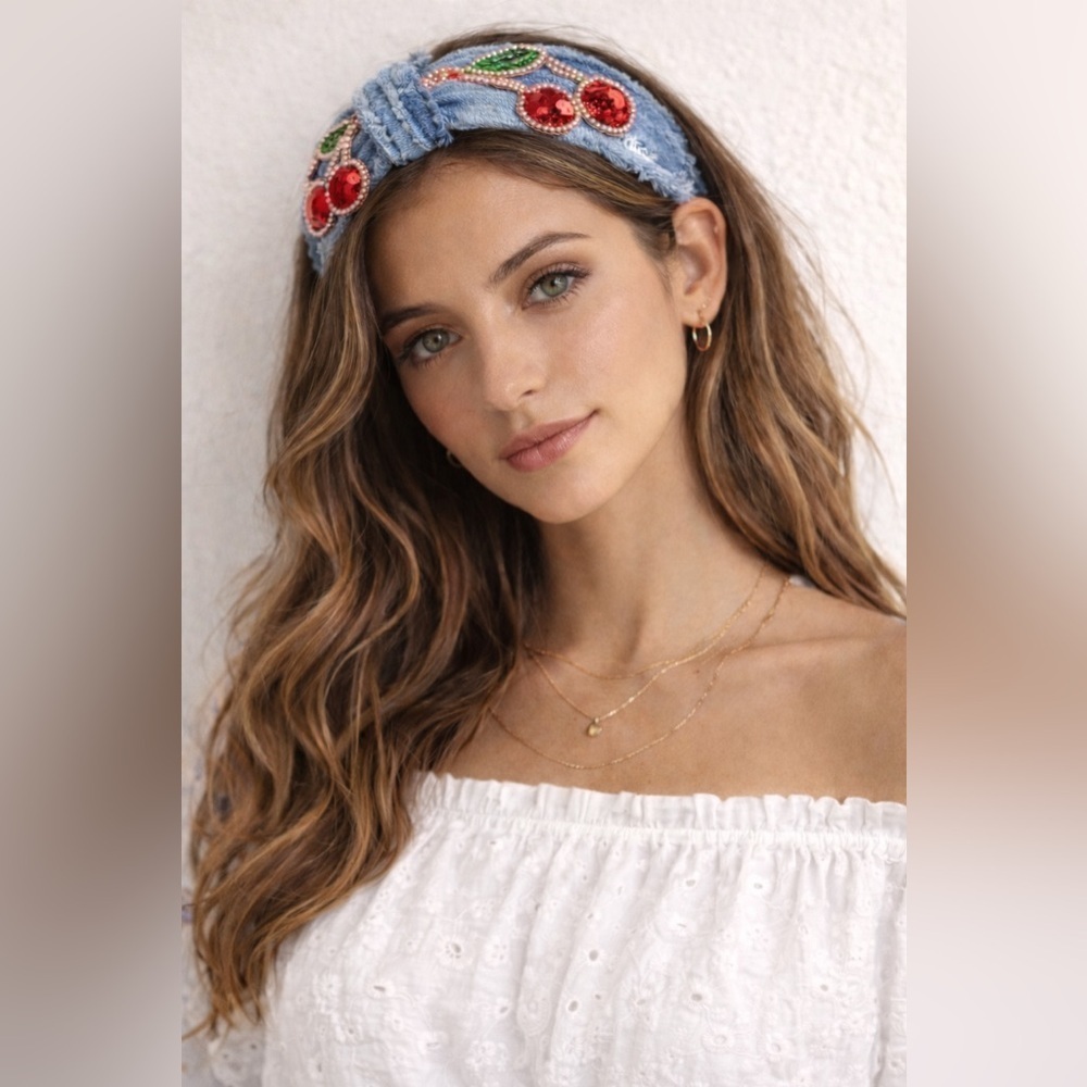 Embellished Denim Headband with Cherry Design NEW